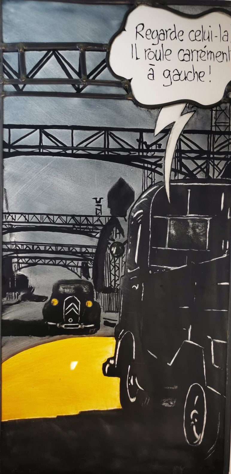 Brouillard au pont de Tolbiac, d'après Tardi — art verrier par Nicolas Sembeni
